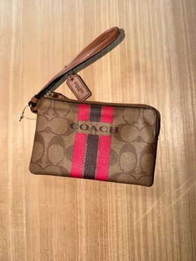 Coach Brown Signature Wristlet with Pink and Dark Brown Stripes